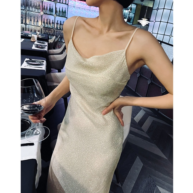 [Premium] Summer Long Dress Sparkly Crystals Sleeveless Evening Shinny Party Dress 7498 S/M/L