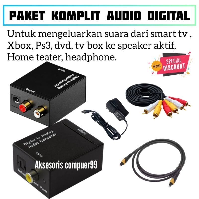 [ PAKET KOMPLIT ] Audio converter Digital to analog + Kabel optik audio tv + Kabel rca 3in3 / Converter audio digital to analog / Optical Audio converter