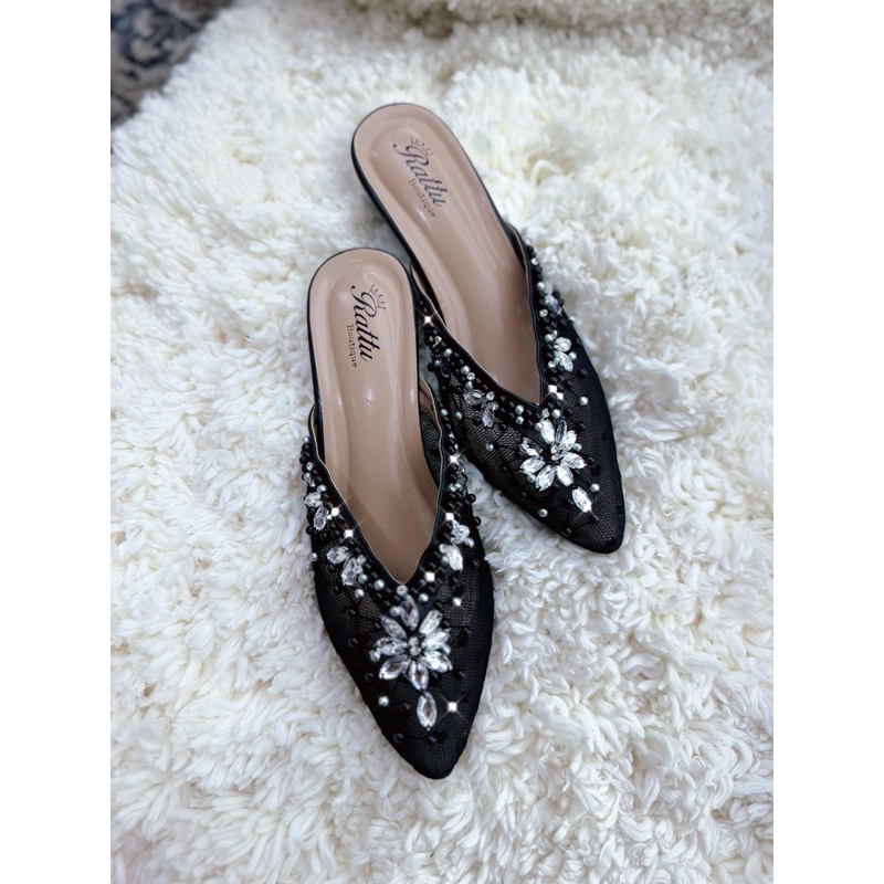 Termurah!!! COD Heels 5cm  brukat payet mewah Marwah hitam / wedding shoes hitam / sepatu pengantin hitam / sepatu seserahan / sepatu wisuda