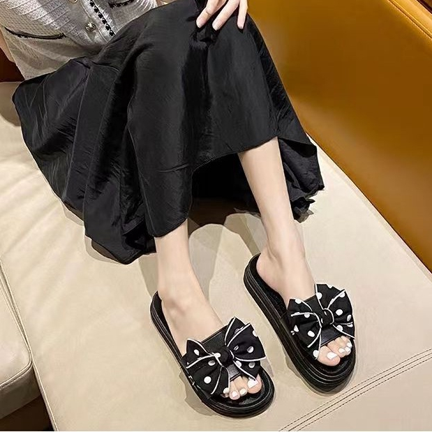 Sandal Slop Wanita Wedges Slip On Motif Pita Dot Fashion Korea Style Cewek Sandal Kasual Nyaman PVC Azgalery SPT-35