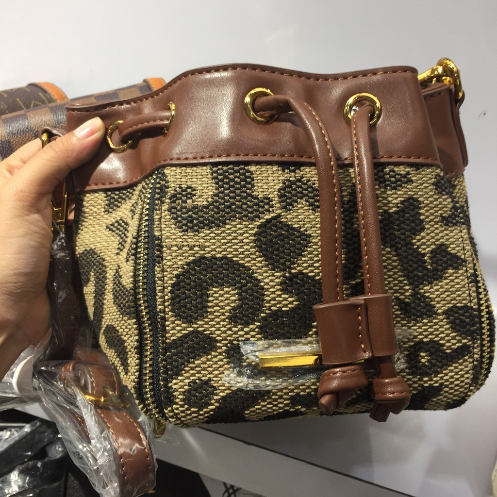 Bonia Bag look alike leopard premium luxury classy sling bag drawstring bucket bag brown coffee tas 