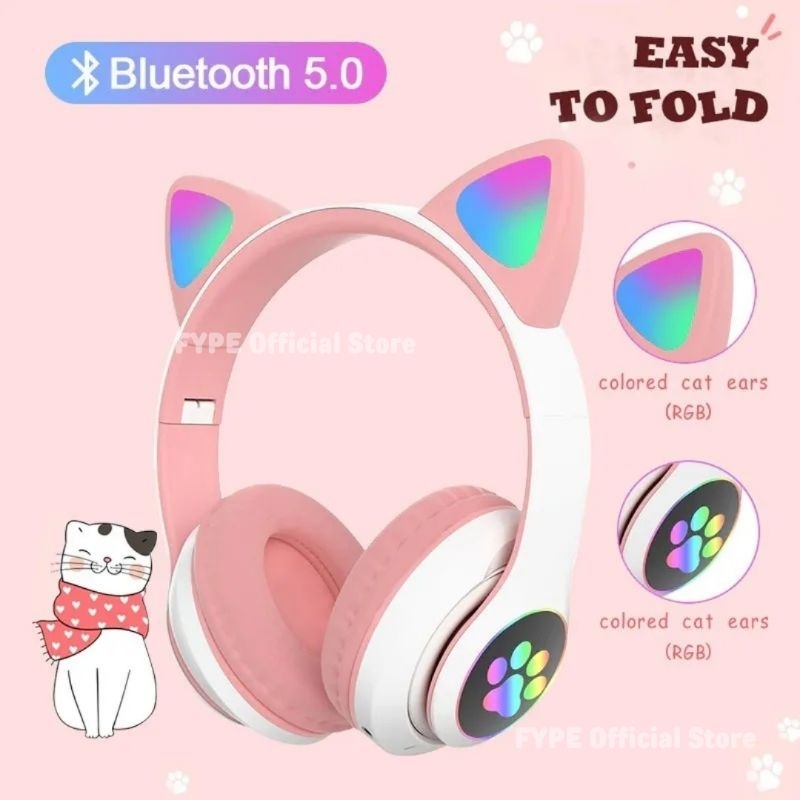 FYPE Headset Kucing LED TWS Bluetooth 5.0 Headphone Extra Bass