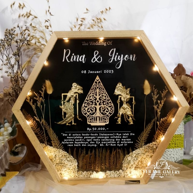 Bingkai Mahar Pernikahan Rustic Jawa Modern - Mahar Pernikahan Wayang Bunga Kering - Frame Mahar 3D Pop Up