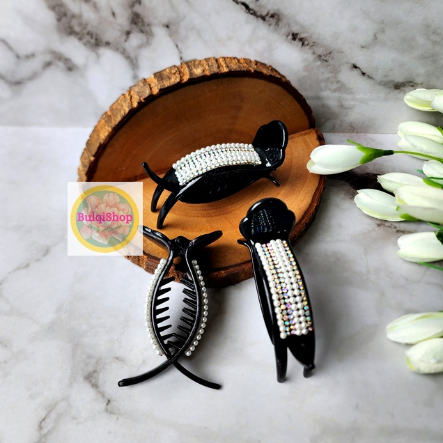 JEDAI TARING IKAN HITAM PERMATA MUTIARA JEPITAN CAKAR 2+1 JEPIT RAMBUT KOREA IKAN BESAR 8CM UJUNG BU