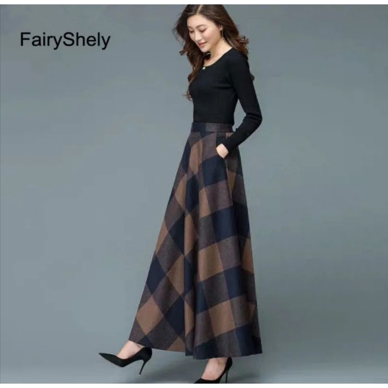 ROK FLANEL IMPORT PANJANG/ ROK MOTIF KOTAK KOTAK