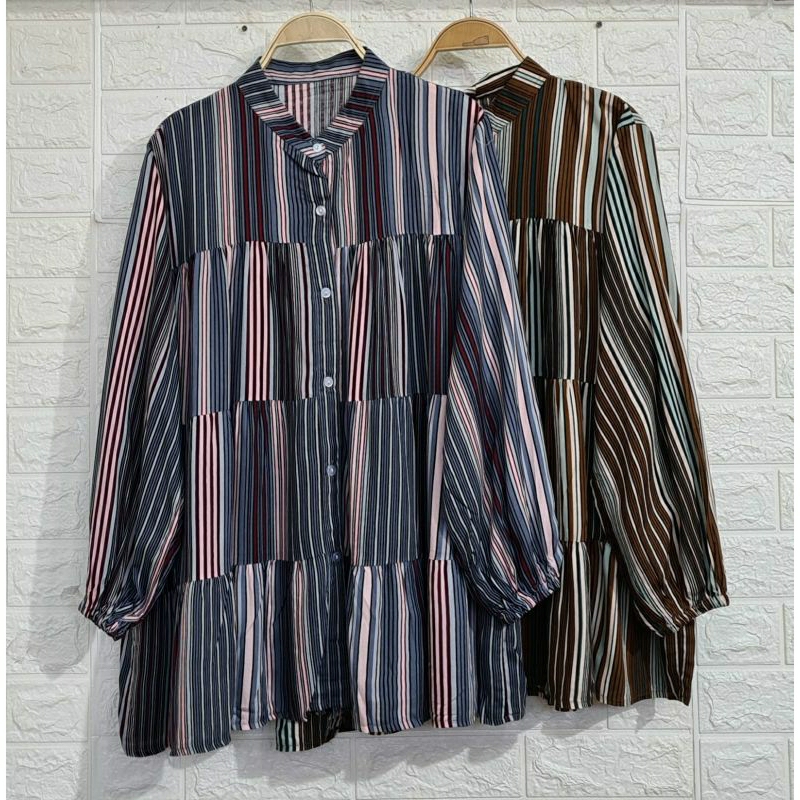 Kemeja motif salur//Kemeja rayon import//Blouse rayon import//Blouse salur//Kemeja oversize//Kemeja 