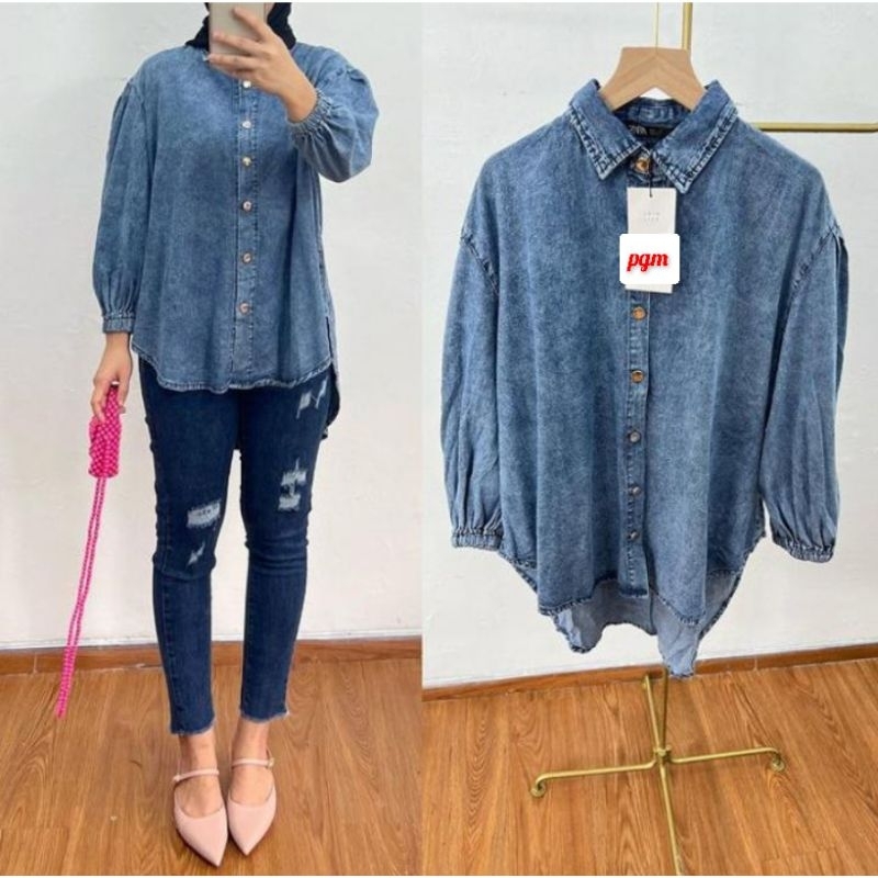 Kemeja lenor oversize jeans wanita terbaru ld 120