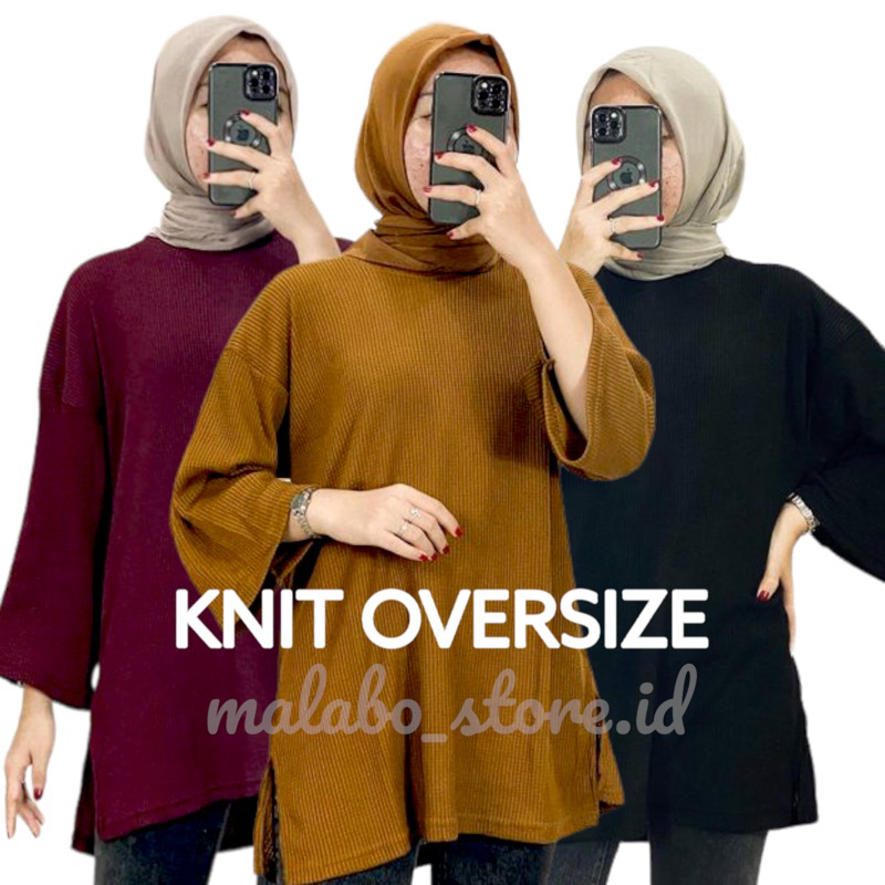 LD 120 Atasan Oversize JUMBO Semi Knitwear Top Basic Polos Hijab Friendly Lengan 7/8 - Atasan Kaos Rajut Batwing