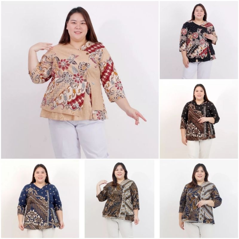 JUMBO BLOUSE WANITA KATUN STRETCH MOTIF BATIK MODERN TANGAN PANJANG LD 110-120