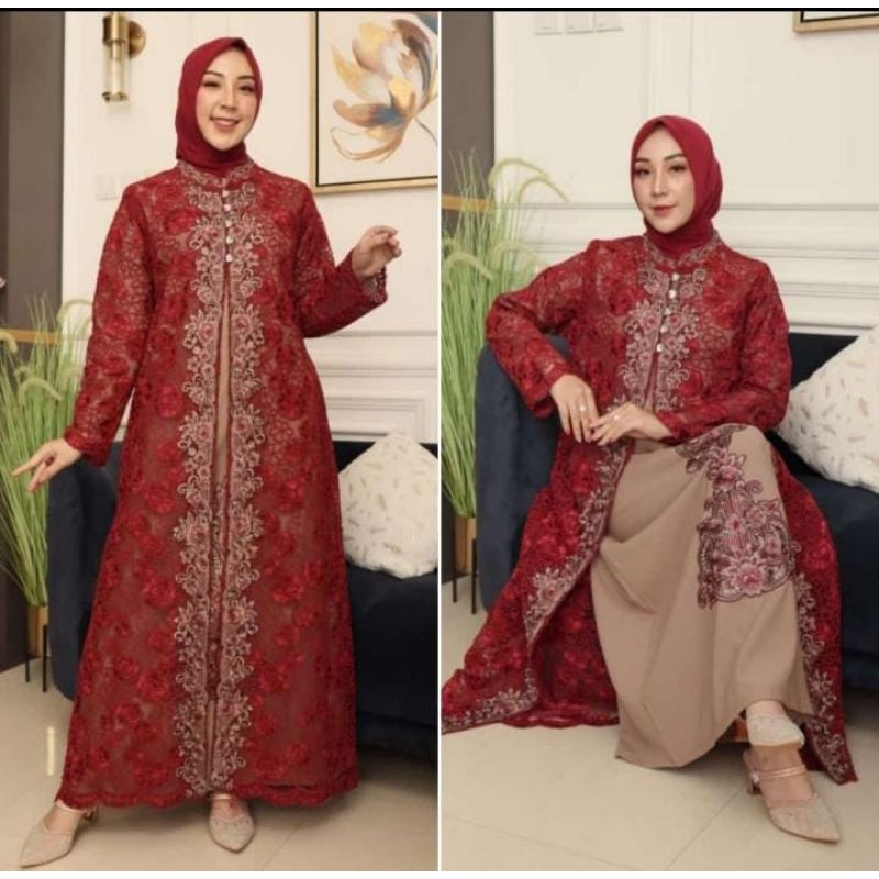 BAJU PESTA // INNER + OUTER // GAMIS LEPAS TILLE CORNELY FULL FURING BAHAN SAKURA //SERAGAMAN KELUARGA//BAJU LEBARAN// KEBAYA MODERN // KEBAYA WISUDA // By Bura