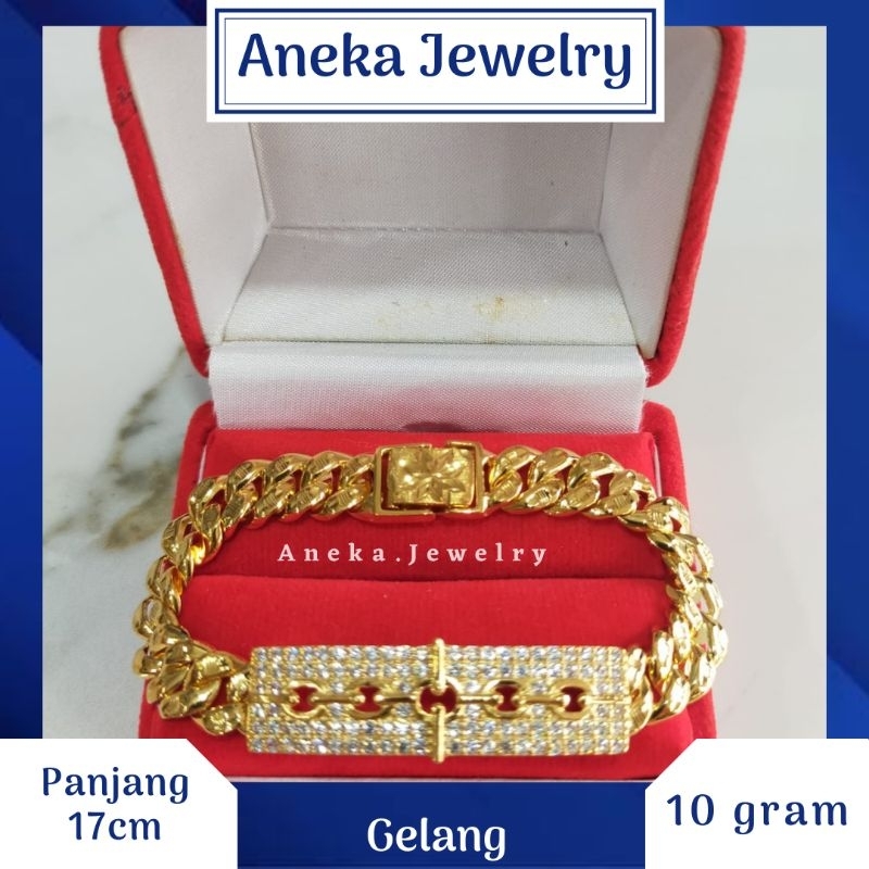 Gelang Stang Ukir Plat Variasi, Sepuh Emas Kuning, Perak 925