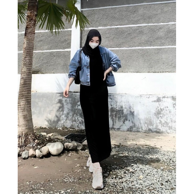 Basic inner tanpa lengan long dress jersey - Inner dress wanita - inner dress hitam kutungan - Dalem