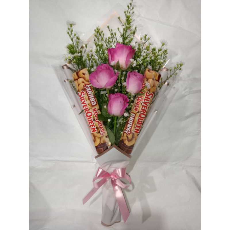 Buket bunga mawar pink tua asli segar mix coklat chungkybar