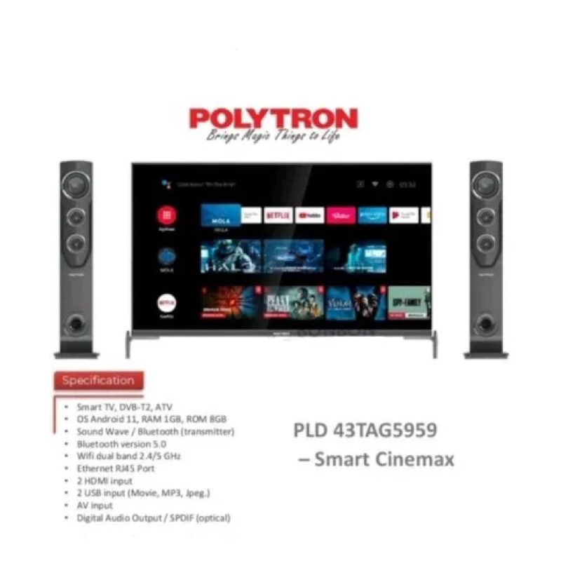 TV Led Polytron CINEMAX 43 Inch Pld 43Tag9959 / 43tag 9959 Android Tower Speaker ( Medan )