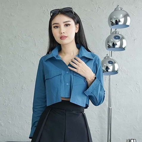 Kemeja Crop Top Lengan Panjang Pocket Riu Blouse Wanita