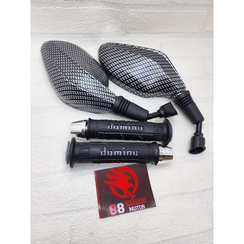 Paket Spion Click Karbon Glossy + Handgrip Sisik dan Jalu Stang PCX Mini Chrome Universal Honda Yamaha