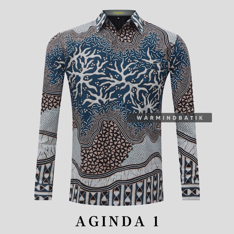 AGINDA BIRU KEMEJA BATIK PRIA LENGAN PANJANG SLIMFIT COWOK ATASAN HEM KLAMBI TERBARU MODERN KATUN PR