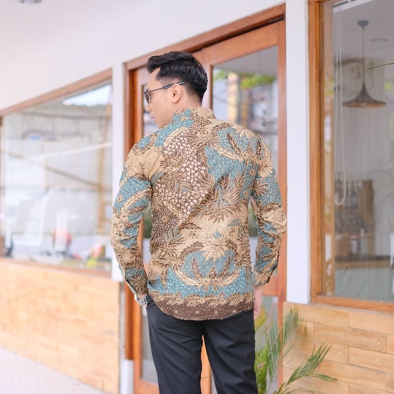 BATIK PRIA TERBARU KERTOJOYO LENGAN PANJANG SLIMFIT SAGE GREEN PREMIUM EKSKLUSIF