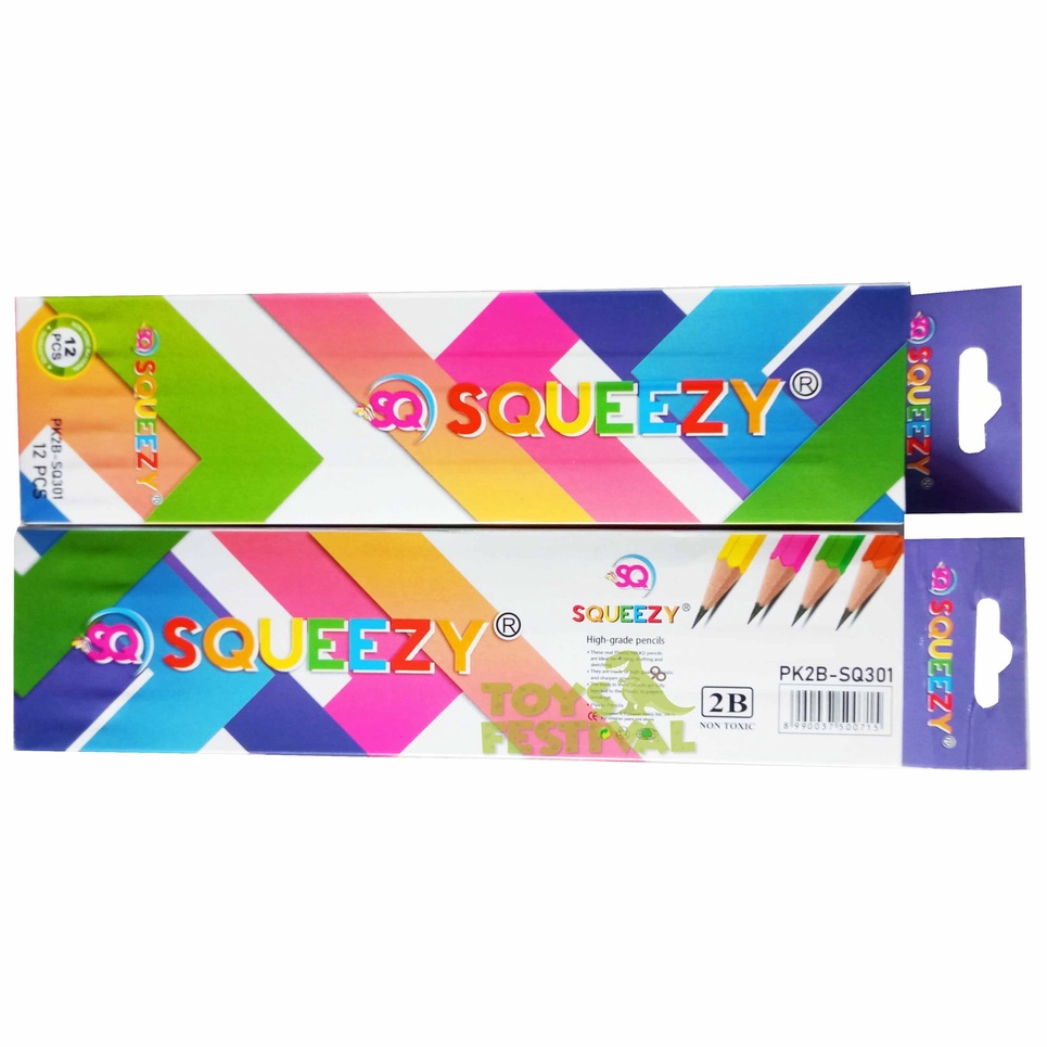 Isi 12 Pcs (1 Lusin) Pinsil Pensil Tulis Serut dan Ujung Penghapus 2B Squeezy Non Toxic