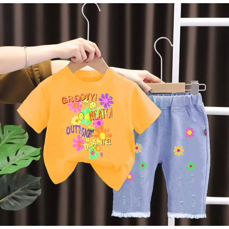 setelan anak perempuan celana denim baju motif bunga 1-5 tahun ardan grosir