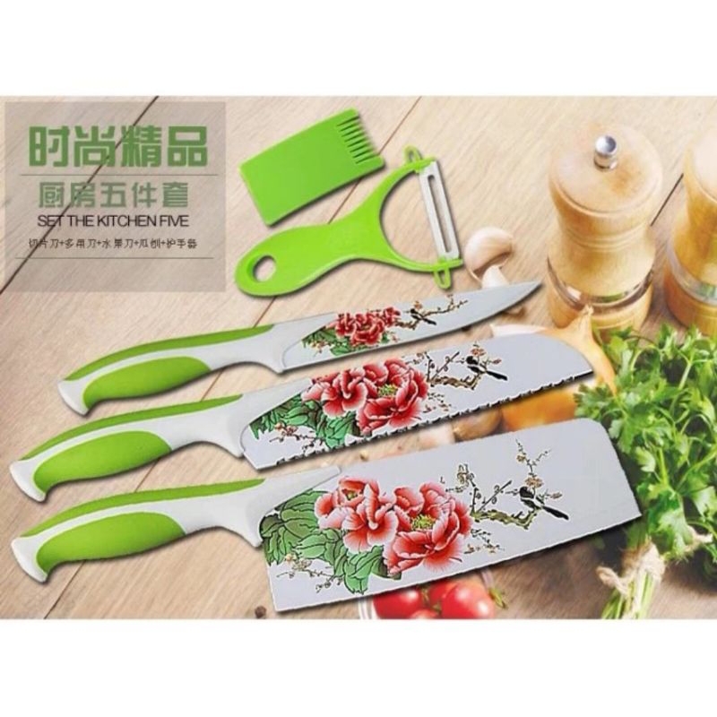 Flower Kitchen Knife Set 5 Pcs - Pisau Set Motif Bunga - Pisau Dapur