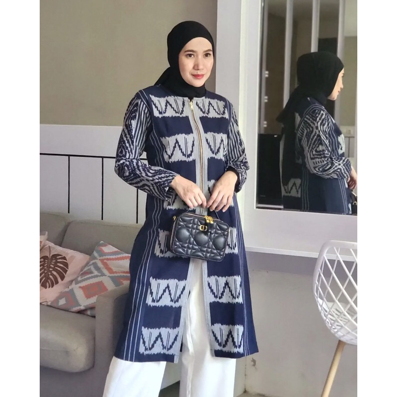 Tunik tenun ikat wanita rit depan fashion wanita baju tenun jepara terusan wanita tunik jumbo ethnik