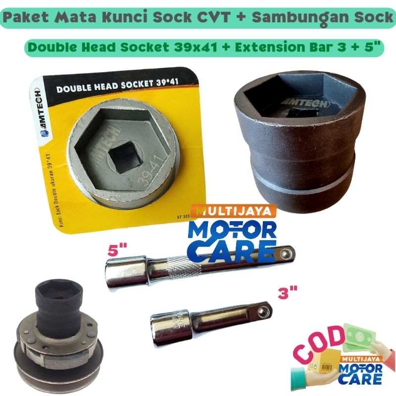 Paket Double Head Socket Mata Shock Blok CVT  39x41 mm +  Extension Bar 3&quot; 5&quot; 10&quot; Sambungan Kunci Shock Sok CVT 1/2&quot;