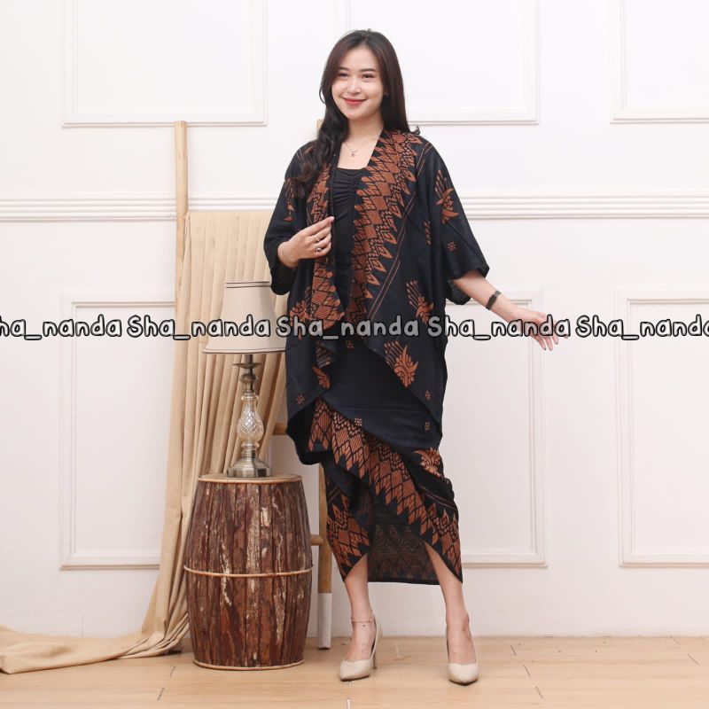 set cardigan batik one set rok lilit batik modern