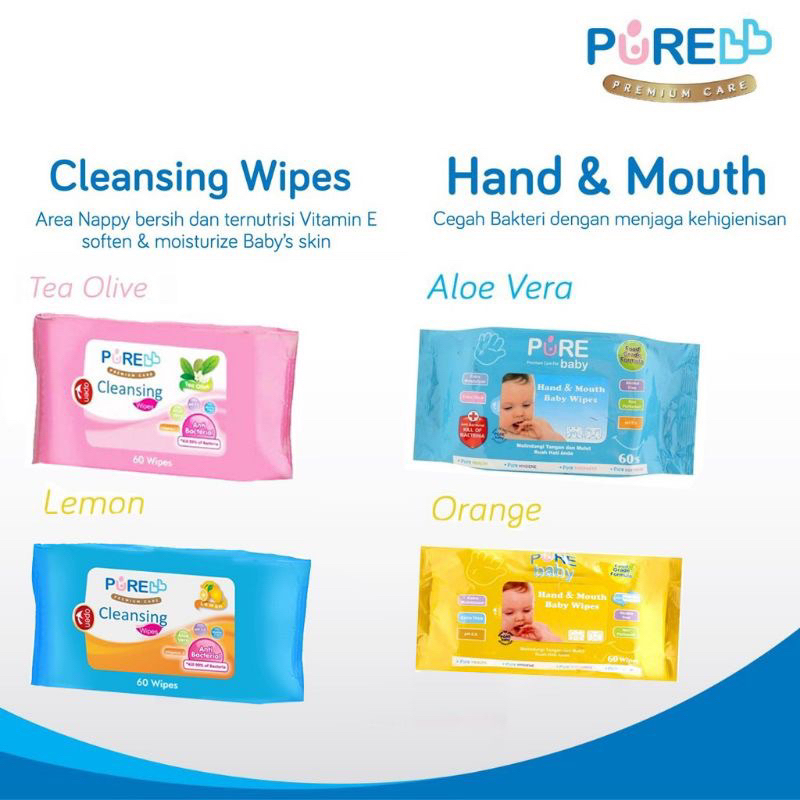 Pure Baby Wipes Hand &amp; Mouth Tisu Basah Tangan Mulut Bayi 60S// Pure Baby Cleansing Wipes Changing Diaper Nappy Tisu Basah Ganti Popok Bayi Newborn Kulit Sensitif Diaper 60S