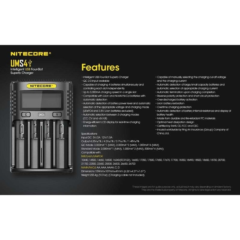 NITECORE Intelligent QC2 USB Charger Baterai 4 Slot Li-ion NiMH - UMS4 10440, 14500, 14650, 16500, 16340(RCR123), 16650, 17350, 17500, 17650, 17670, 17700, 18350, 18490, 18500, 18650, 18700, 20700, 21700, 22500, 22650, 25500, 26500, 26650, 26700 AA AAA