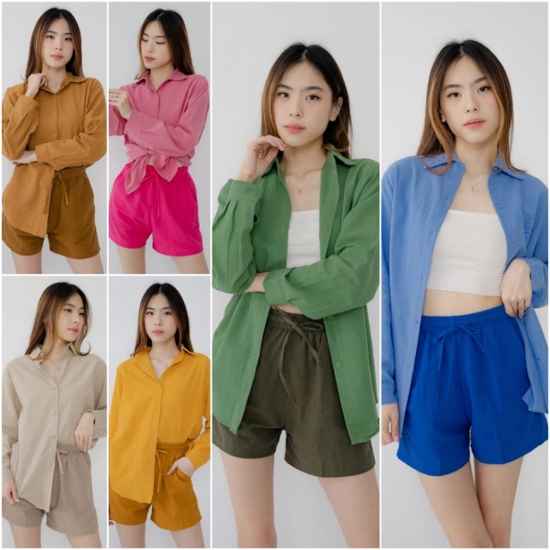 ⚡️CLEARANCE SALE ♡ PREMIUM ♡ ORIGINAL ! JANESSA TWO TONE  2 IN 1 SET LONG SLEEVE COLLAR  BUTTON SHIRT WITH SHORT PANpTS / SETELAN POLOS KEMEJA &amp; CELANA PENDEK ( BUSUI FRIENDLY )