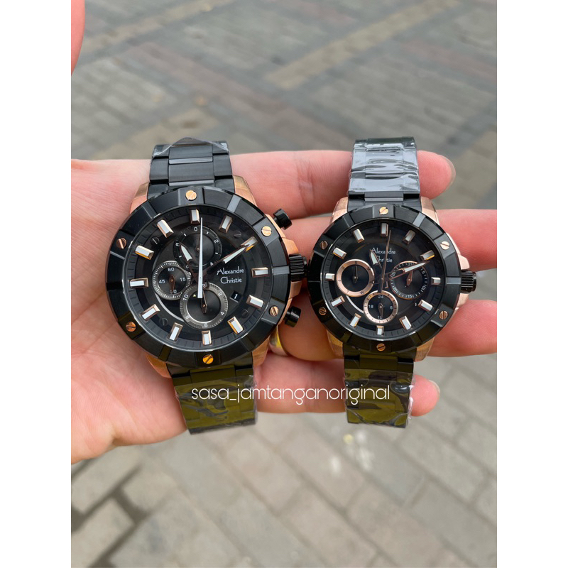 Jam Tangan Alexandre Christie Ac 6609 Original Black Rosegold Stainless Couple