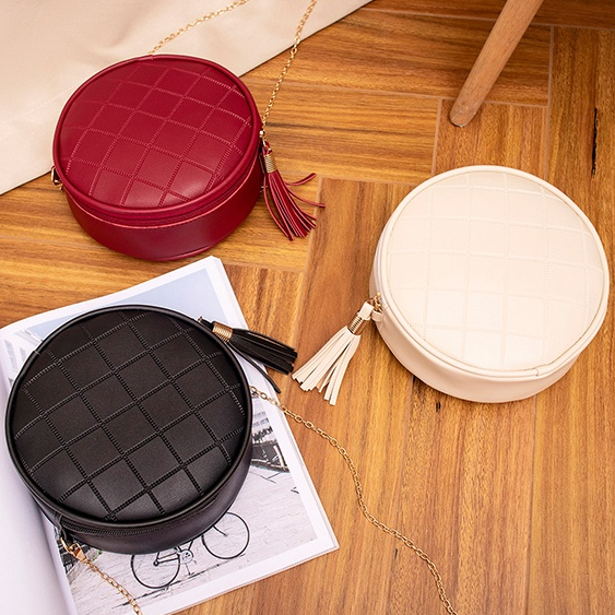 Tas Selempang Wanita Tas Wanita Sling Bag Wanita Bulat Kulit PU Tali Rantai Rumbai COD Azgalery T116