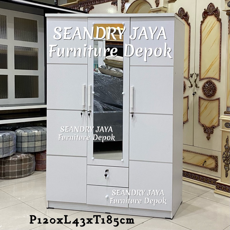 LEMARI PAKAIAN MINIMALIS 3 PINTU PUTIH/kekinian/modern/SEANDRY JAYA Furniture Depok/promo murah/cine