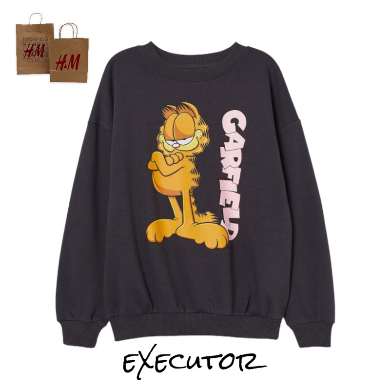 ( 8.8 ) Crewneck Sweatshirt H&amp;M Unisex Sablon Garfield Black Hitam, Flecee Katun Lembut Tebal, Free Papperbag