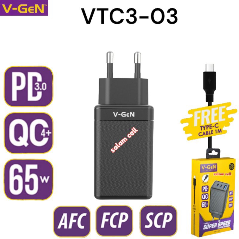 Charger V-Gen VCT3-03 65W 3Port PD3.0 Original Vgen Vct3 03 Garansi Resmi