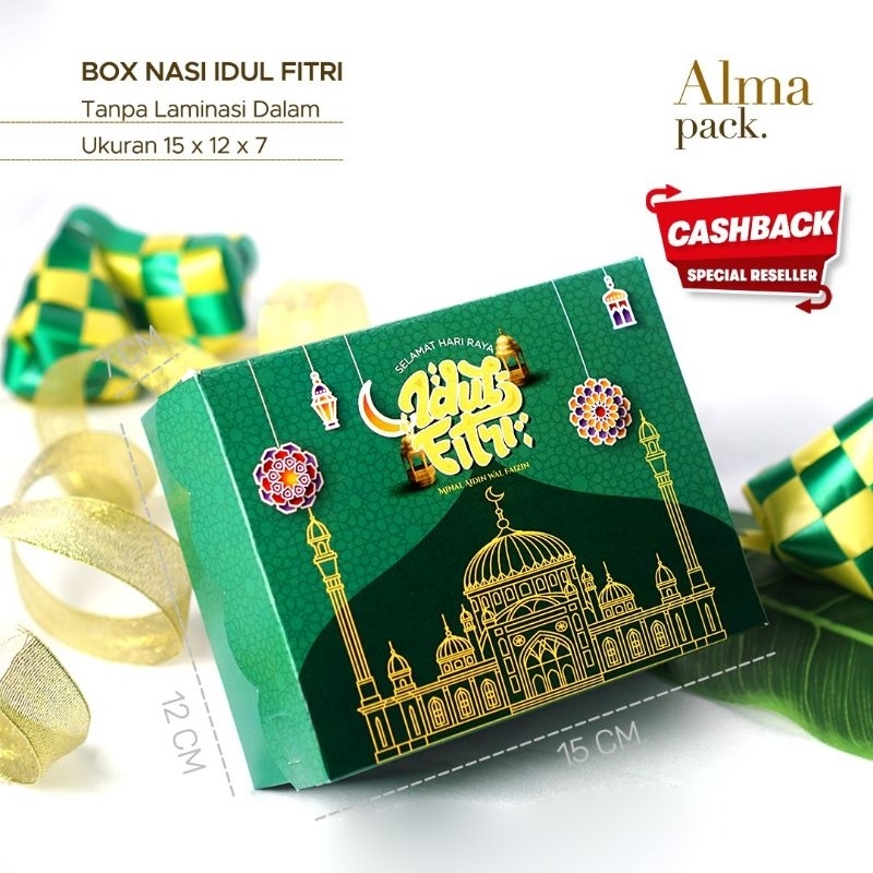 Dus Kotak Nasi Motif Idul Fitri warna Hijau Tua Ukuran jadi P15 L12 T7 cm
