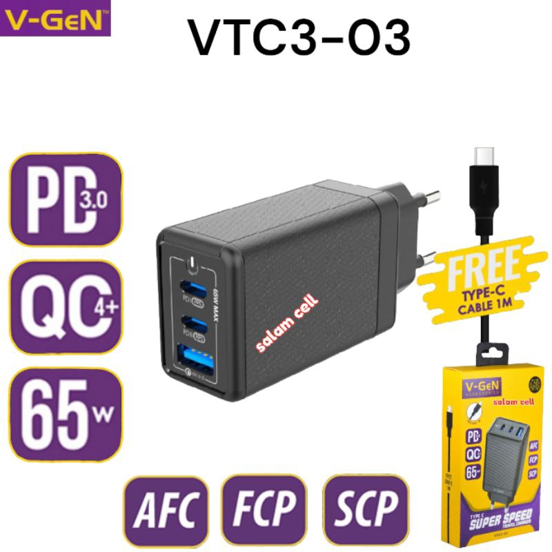 Charger V-Gen VCT3-03 65W 3Port PD3.0 Original Vgen Vct3 03 Garansi Resmi