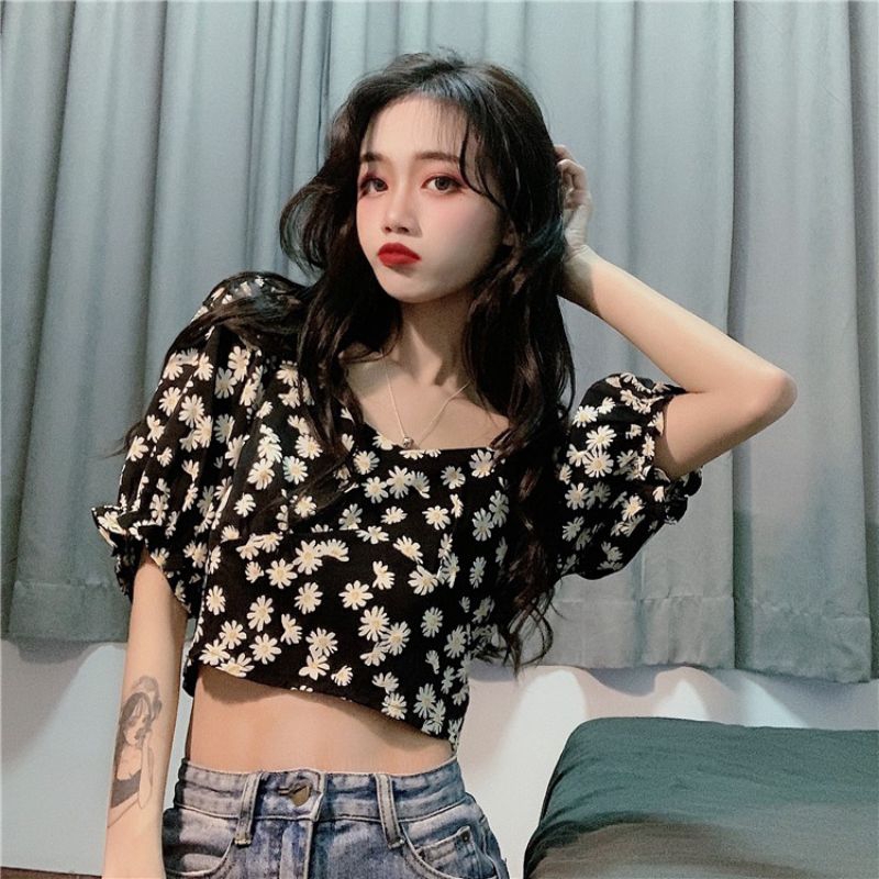 Daisy Crop top | Blus Sabrina Wanita Lengan Puff Motif Bunga Daisy