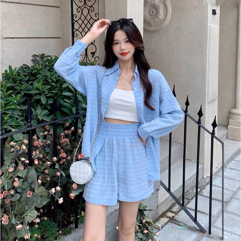 Baju wanita satu Set outer sama celana pendek S0018-0009 | satu set baju wanita kemeja lengan panjan