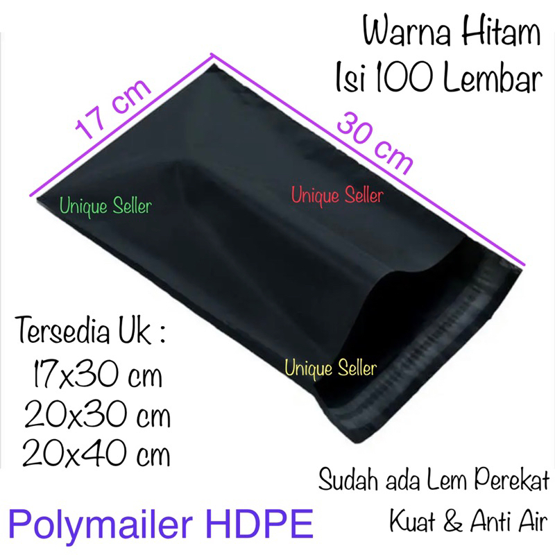 Polymailer Hitam HDPE Glossy Uk 17x30 cm isi 100 Lembar / Plastik Polymailer Hitam 17x30cm / Polimailer Hitam HD Uk 17 / Polymailer PE Hitam 17x30 cm