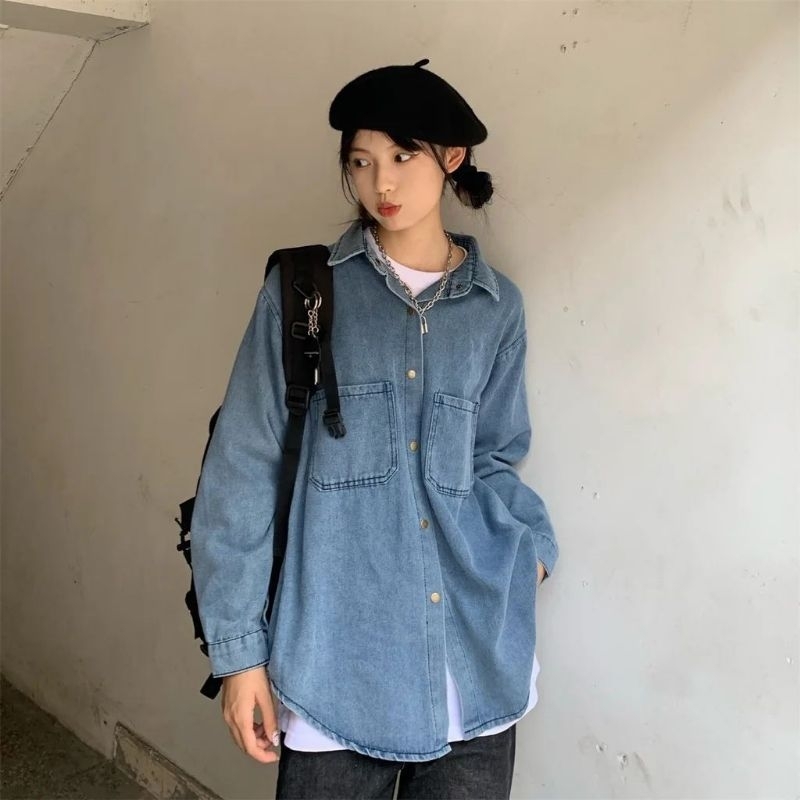 Kemeja Jeans Denim Wanita Oversize Korean Style