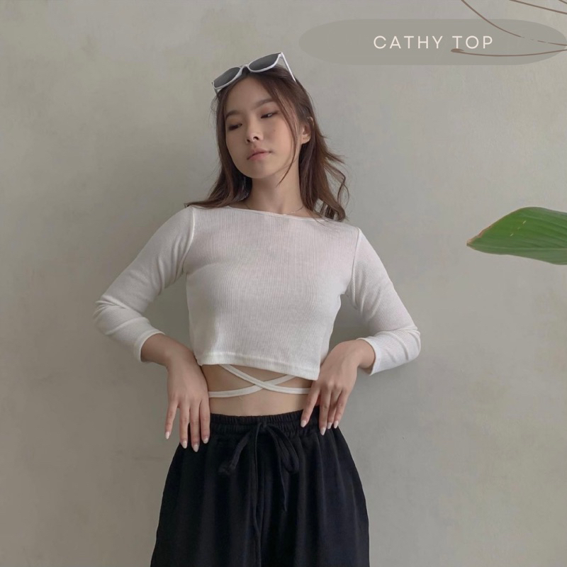 CATHY LONG SLEEVE CROP TOP SUMMER KOREA - CROP TOP STRETCHY PREMIUM - ATASAN TANGAN PANJANG SEXY WANITA TALI - CASUAL OUTFIT KOREA - HADIAH / KADO ULTAH CEWEK