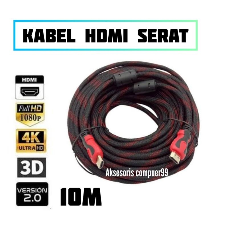 KABEL HDMI SERAT JARING MALE TO MALE 10 METER VERSI 1.4 1080P FULL HD