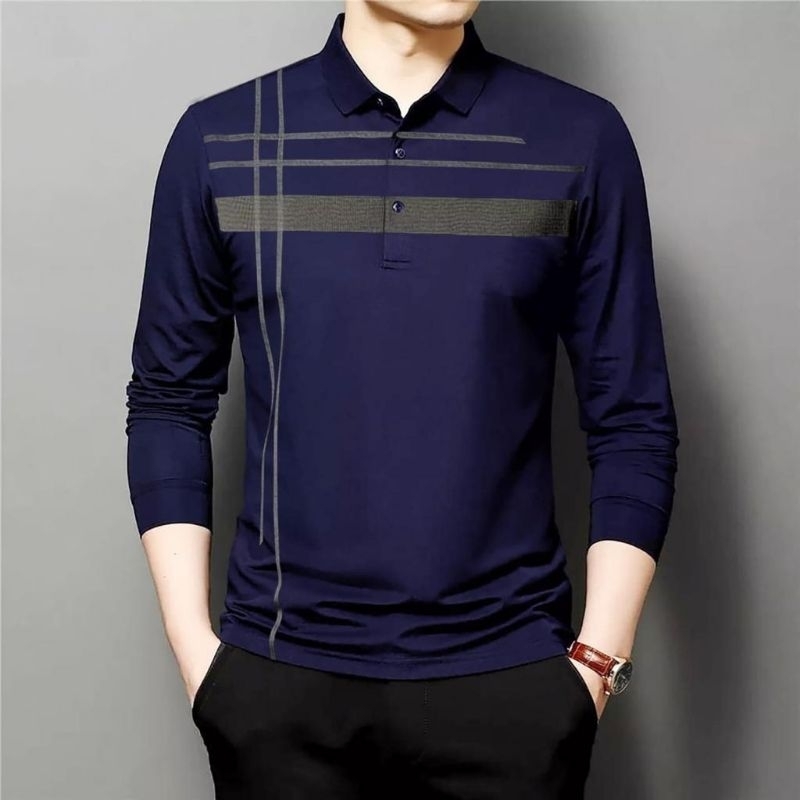 KAOS KERAH PRIA WANGKI NAVY BLUE BAJU KERAH PRIA LENGAN PANJANG MODEL TERBARU