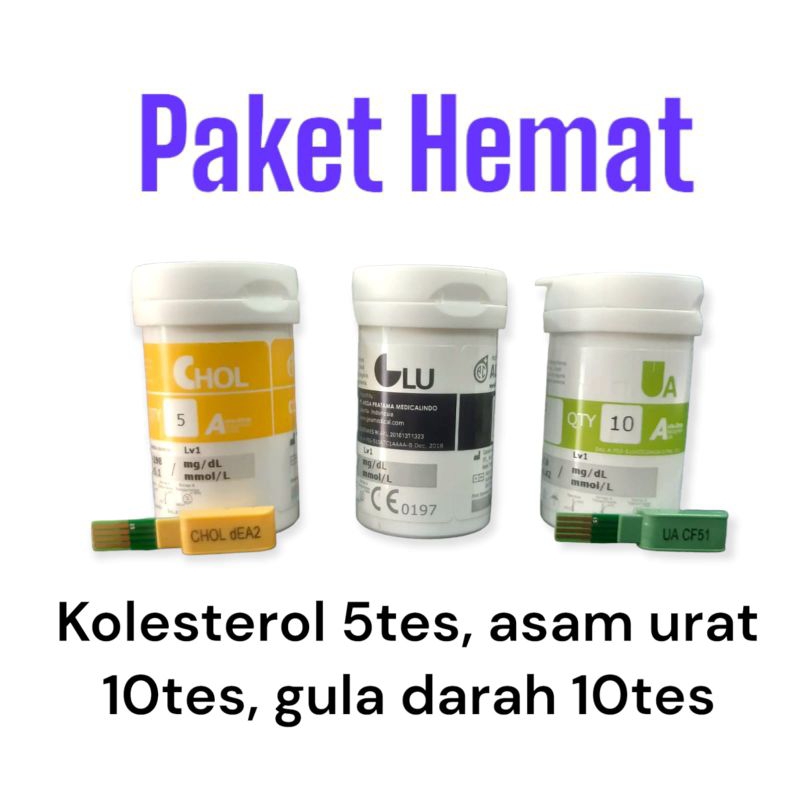 PAKET HEMAT AUTOCHECK STRIP 3 BOTOL/ 5 TES KOLESTEROL/ 10 TES ASAM URAT/ 10 TES GULA DARAH