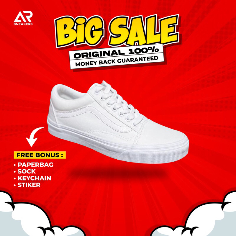 VANS OLD SKOOL TRUE WHITE SEPATU SNEAKERS PRIA WANITA CEWEK COWOK MURAH ORIGINAL 100%