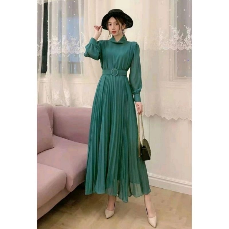 SHARLINE Turtle Neck Maxi Dress Lengan Panjang Free Belt - Gaun Wanita Bahan Twiscone Import Polos K