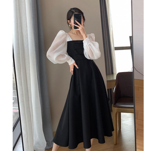 Korea Dress Maxi A-line Lengan Panjang Hitam Vintage Fashion Kekinian Wanita