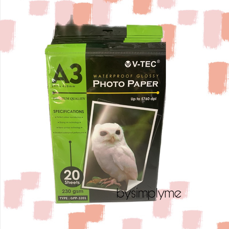 

GLOSSY PAPER A3 230 gsm ISI 20 LEMBAR / KERTAS FOTO GLOSSY A3